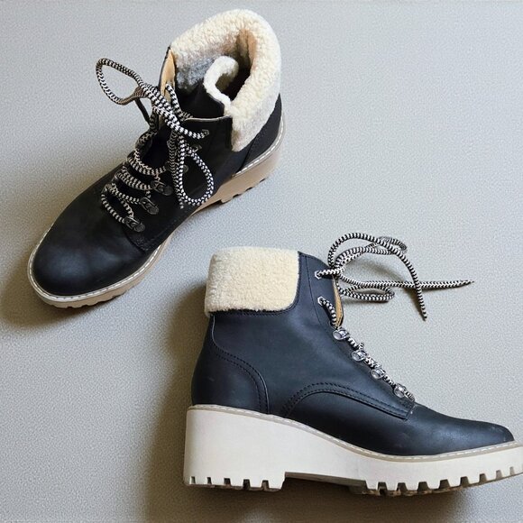 DV DOLCE VITA Russit Ankle Boots Womens 11 Lug Sole Black Beige Faux Fur - Picture 3 of 10